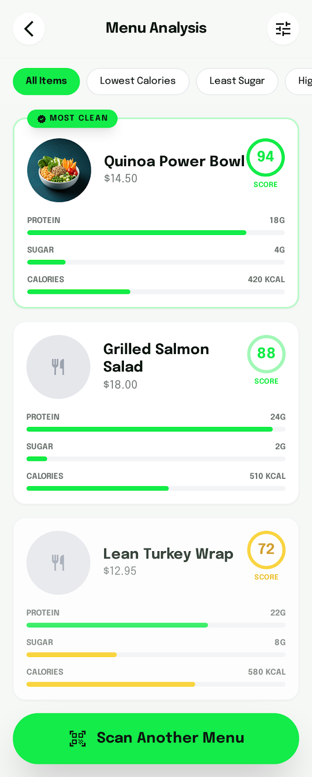Clean Plate app showing menu analysis with health scores
